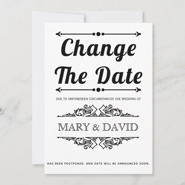 Schwarze Typografie Ändern Sie das Datum Ankündigu Save The Date (Vorderseite)