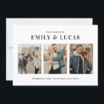 Schwarze Typografie Drei FotoCollage Save The Date<br><div class="desc">Schwarze Typografie Drei-Fotocollagen-Save the Date-Karte | Mit dieser modernen, Save the Date flachen Karte können Sie Ihr Hochzeitstag verkünden. Es zeigt einfache Typografie und drei Foto Collage. Dieses Foto Save the Date ist eine perfekte Möglichkeit, Ihre Lieblings-Verlobung-Fotos zu präsentieren. Ideal für jedes Hochzeitsthema.</div>