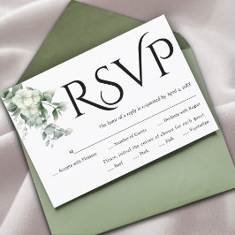 Schwarze Typografie, Eukalyptuszweig, weiße Blume RSVP Karte