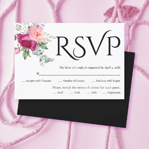 Schwarze Typografie, rosa Rosa Blume Hochzeit RSVP Karte