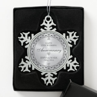 Schwarze Typografie Silver Gray 25-jähriges Jubilä Schneeflocken Zinn-Ornament