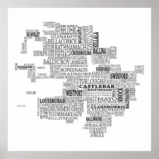Schwarze Typografische Karte von Co. Mayo, Irland Poster