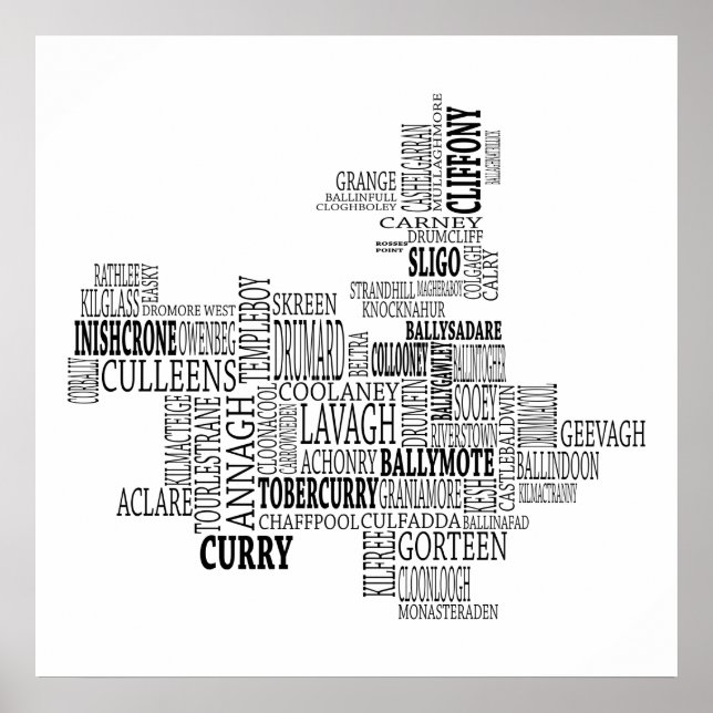 Schwarze Typografische Karte von Co. Sligo, Irland Poster (Vorne)