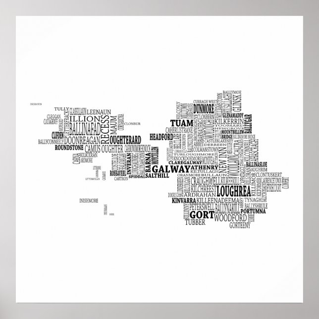 Schwarze Typografische Karte von Grafschaft Galway Poster (Vorne)