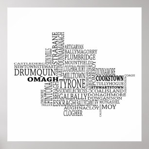 Schwarze Typografische Karte von Grafschaft Tyrone Poster
