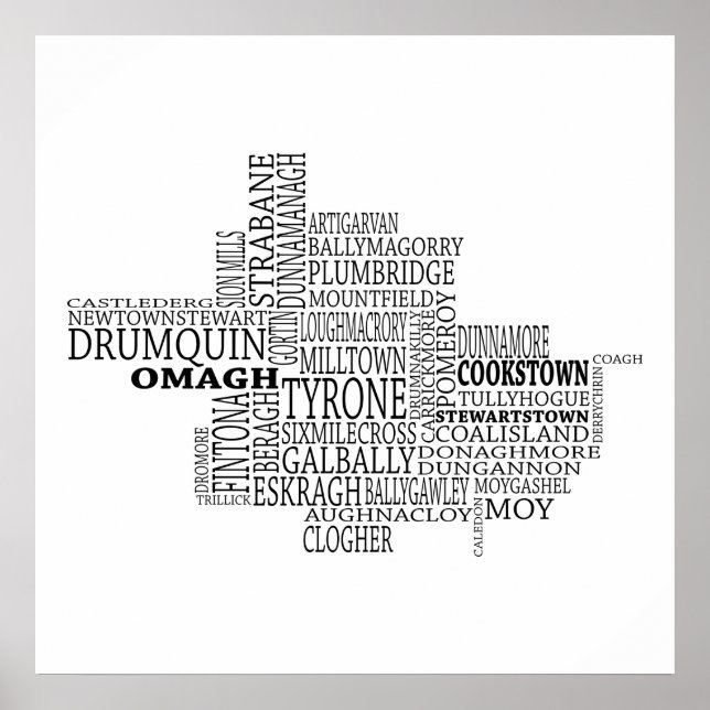 Schwarze Typografische Karte von Grafschaft Tyrone Poster (Vorne)