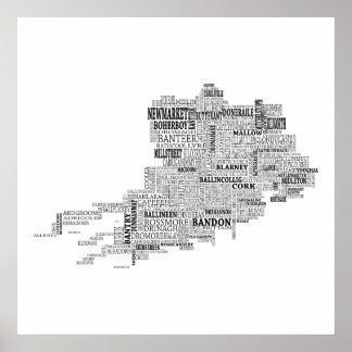 Schwarze Typografische Karte von Landkreis Cork, I Poster