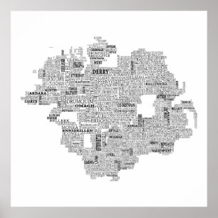 Schwarze Typografische Karte von Ulster, Irland Poster