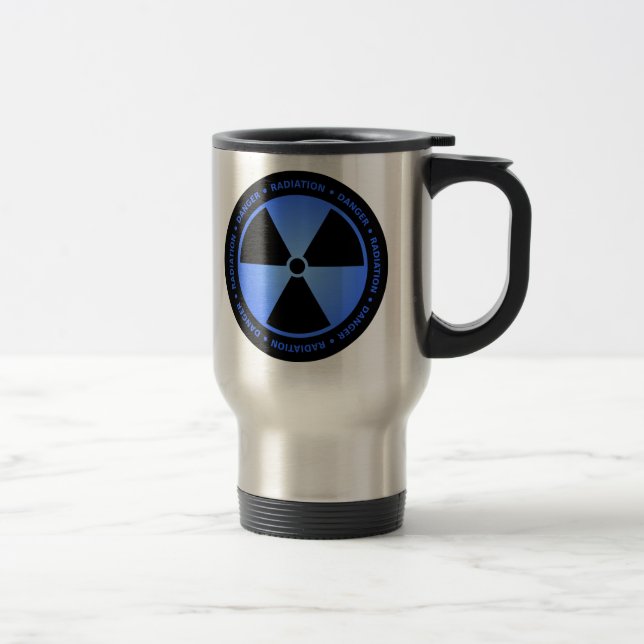 Schwarze u. blaue Strahlungs-Symbol-Tasse mit Text Reisebecher (Rechts)