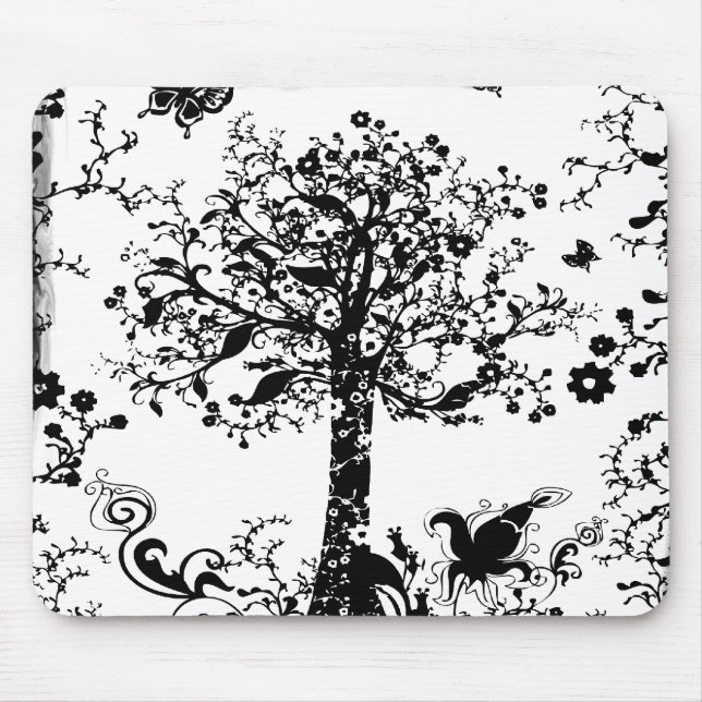 Schwarze u. weiße Baum-Schmetterlings-Silhouette Mousepad (Vorne)