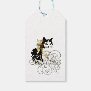 Schwarze u. weiße Feiertags-Katze Geschenkanhänger