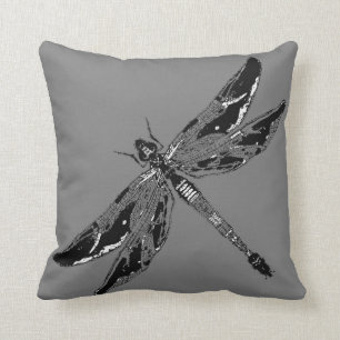Schwarze u. weiße Libellen-graues Kissen durch