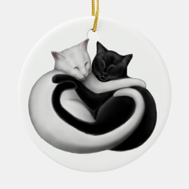 Schwarze u. weiße Liebe-Katzen-Verzierung Keramik Ornament (Vorne)
