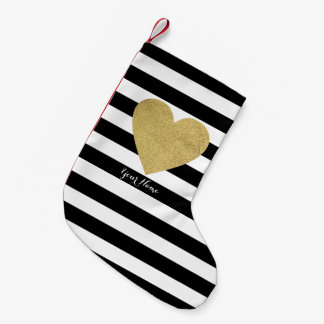 Schwarze u. weiße Streifen mit Goldfolien-Herzen Kleiner Weihnachtsstrumpf