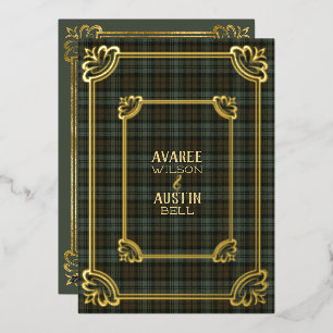 Schwarze Uhr verwitterte Tartan-Goldfolien-Einladu Folieneinladung