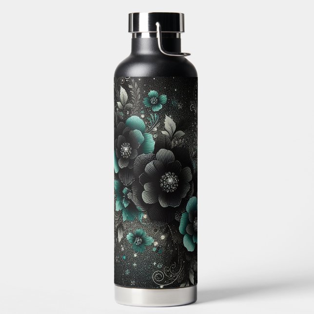 Schwarze und Aquamarine Blumen Trinkflasche (links)