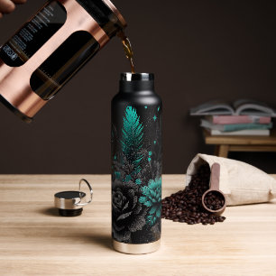 Schwarze und Aquamarine Federn und Blume Trinkflasche