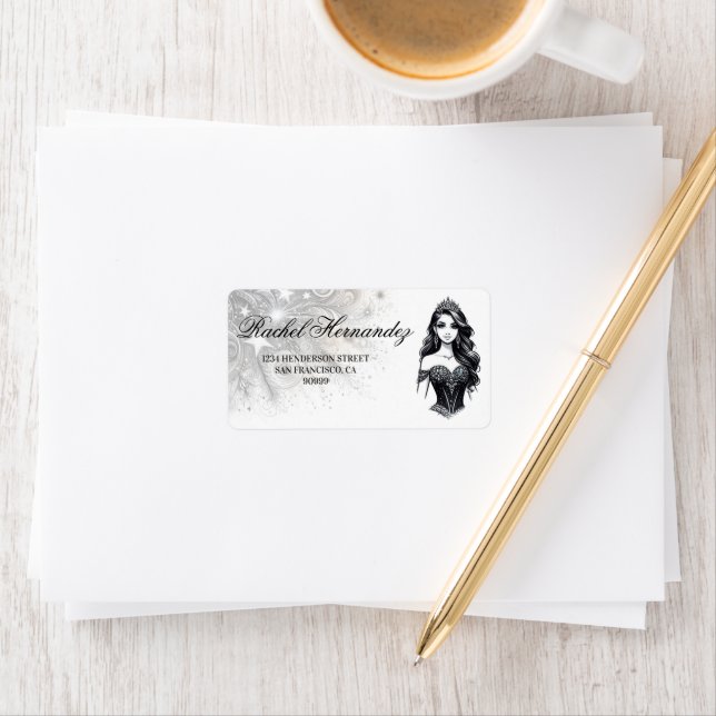 Schwarze und Aquamarine Quinceañera Girl Adressaufkleber (Insitu)