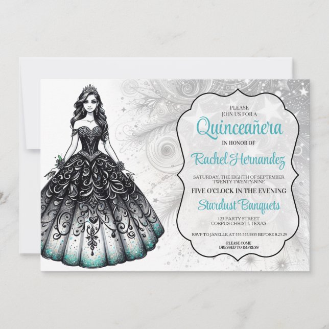 Schwarze und Aquamarine Quinceañera Girl Einladung (Vorderseite)
