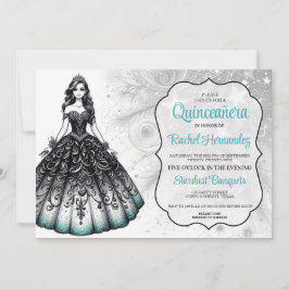 Schwarze und Aquamarine Quinceañera Girl Einladung