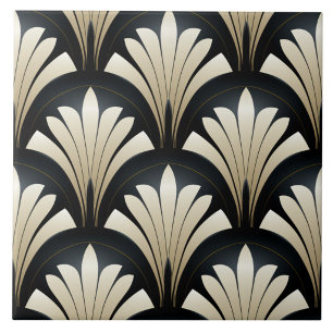 Schwarze und beige Art Deco Blumenfächer Fliese