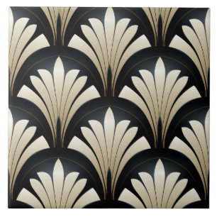 Schwarze und beige Art Deco Blumenfächer Fliese