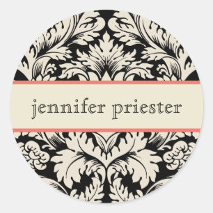 Schwarze und beige Vintage Blumendamaste 2 Runder Aufkleber