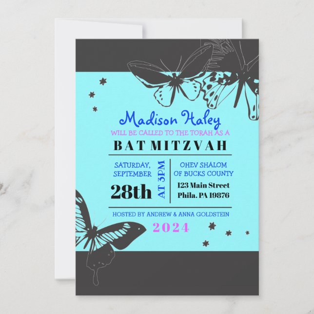 SCHWARZE UND BLAUE BUTTERFLY Bat Mitzvah Einladung (Vorderseite)