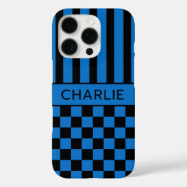 Schwarze und blaue karierte gestreifte Personalisi iPhone 16 Pro Hülle