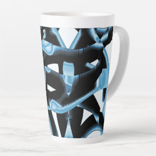 Schwarze und blaue Schnipsel oder Bänder, die zers Milchtasse