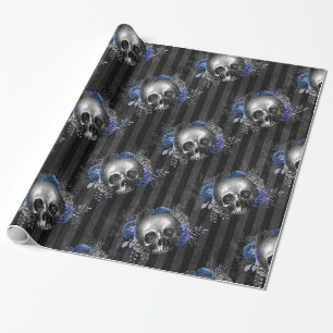 Schwarze und blaue Vintage Grunge Blumenschädel Geschenkpapier