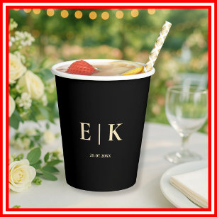 Schwarze und Buttergelbe Monogramm-Hochzeit Pappbecher