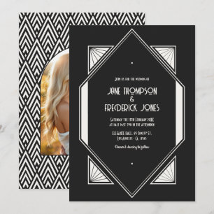 Schwarze und elfenbeinfarbene Art Deco-Hochzeitsfo Einladung