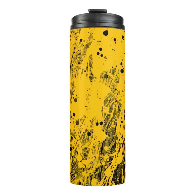 Schwarze und gelbe Farbspritzer Thermosbecher (Vorderseite)