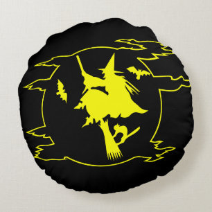 Schwarze und gelbe Totenkopf-Hexe Halloween-Kissen Rundes Kissen
