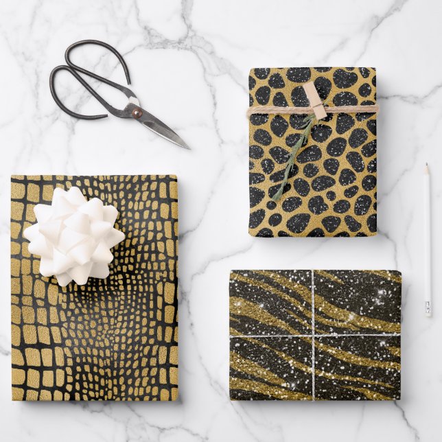SCHWARZE UND GOLD ALLIGATOR LEOPARD TIGER PATTER GESCHENKPAPIER SET (Vorderseite)