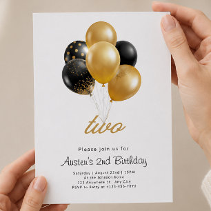 Schwarze und goldene 2. Geburtstagsfeier mit Ballo Einladung