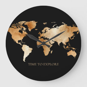 Schwarze und goldene Aquarell-Weltkarte Große Wanduhr