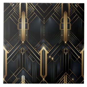 Schwarze und goldene Art Deco-Architekturlinien Fliese