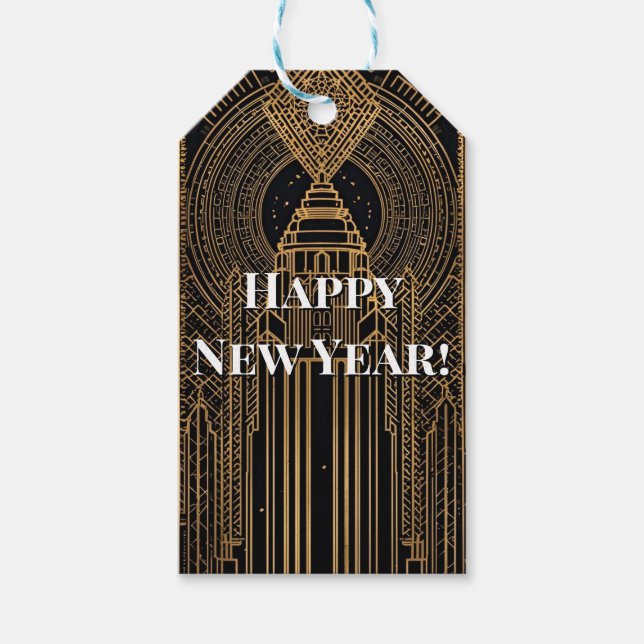 Schwarze und goldene Art Deco  Geschenkanhänger (Vorderseite)