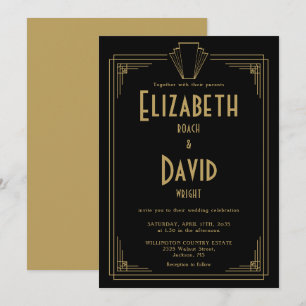 Schwarze und goldene Art Deco-Hochzeit der 1920er Einladung