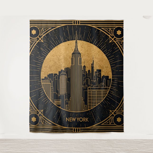 Schwarze und goldene Art Deco-Kulisse Wandteppich (Vorderseite)