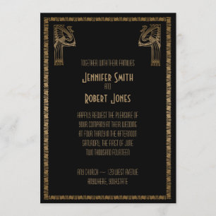 Schwarze und goldene Art Deco Pfau Hochzeitseinlad Einladung