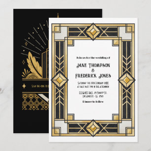Schwarze und goldene Art Deco QR Code RSVP Hochzei Einladung