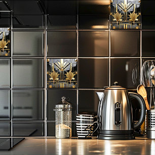 Schwarze und goldene Art Deco Schönheit Fliese