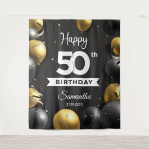 Schwarze und goldene Ballons 50. Geburtstagsdekora Wandteppich
