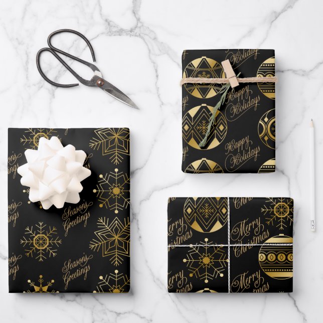 Schwarze und goldene Bauern und Schneeflocken Weih Geschenkpapier Set (Vorderseite)