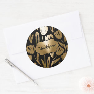 Schwarze und goldene Blume Runder Aufkleber