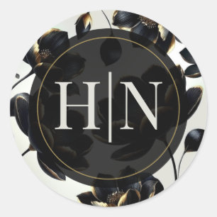 Schwarze und goldene Blumen Greige elegante Hochze Runder Aufkleber