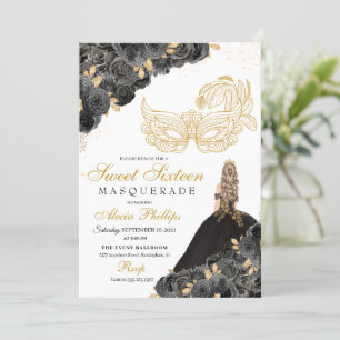 Schwarze und goldene Blumen Masquerade Sweet 16 Ei Einladung